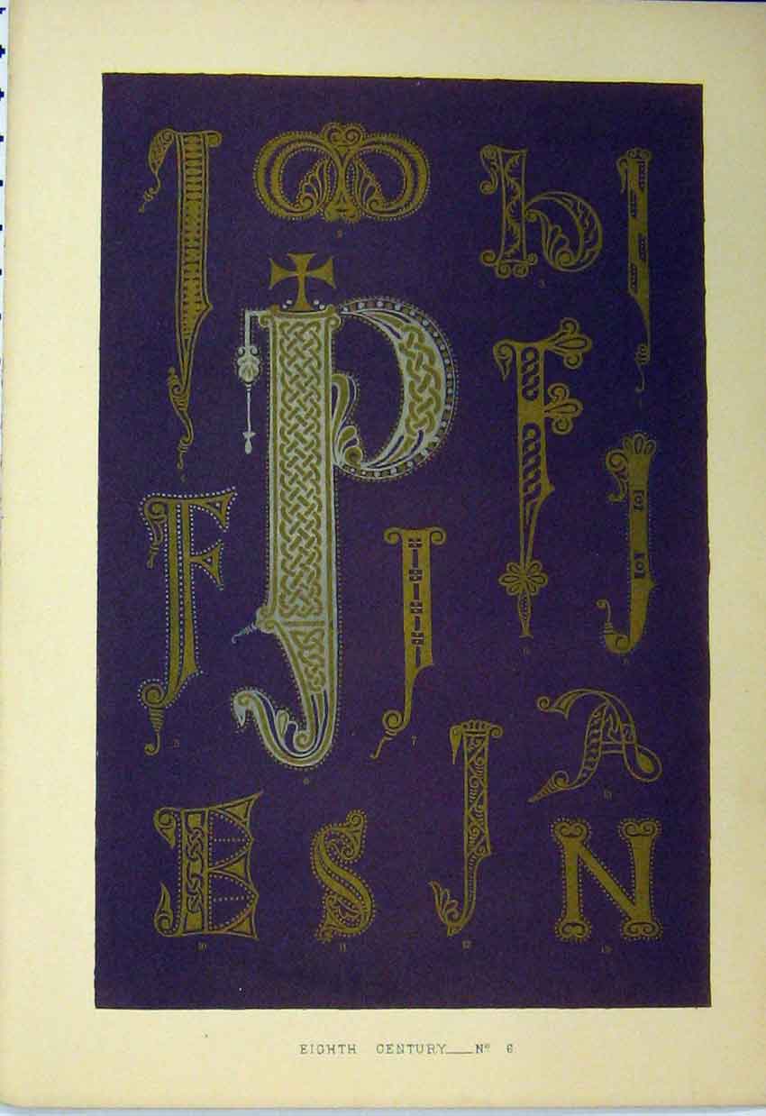Original Old Antique Print Eighth Century Colour C1882 Calligraphy Letters 19th