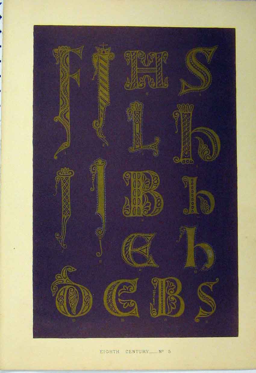 Original Old Antique Print C1882 Eighth Century Calligraphy Letters Colour 19th