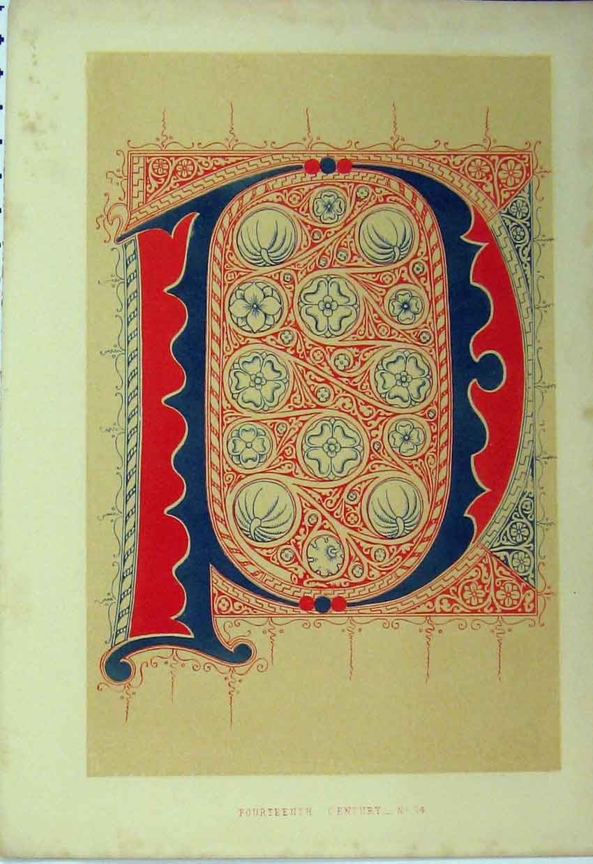Old Antique Print Fourteenth Century C1882 Calligraphy Letter Colour Red 19th