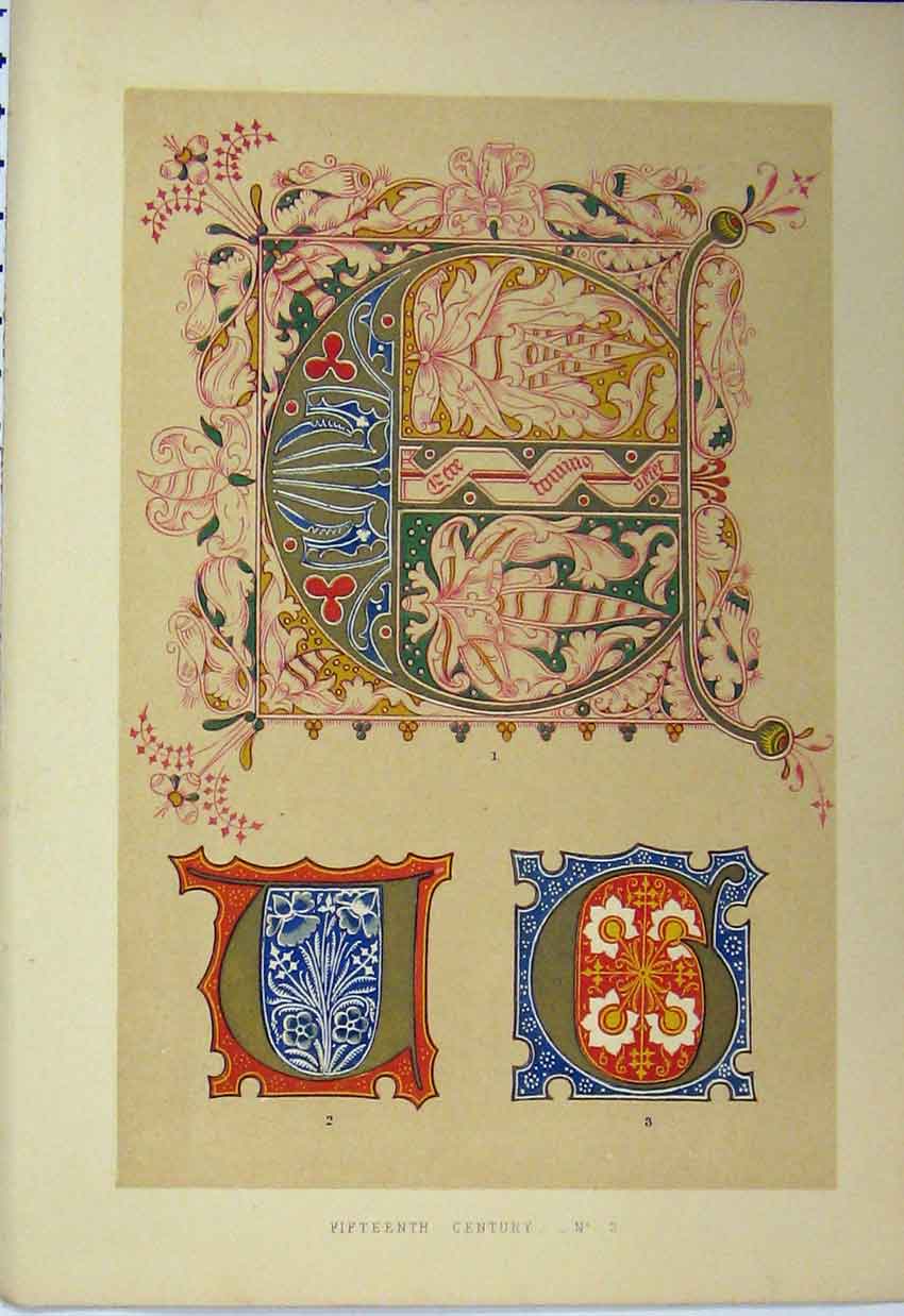 Original Old Antique Print C1882 Fifteenth Century Calligraphy Design Colour