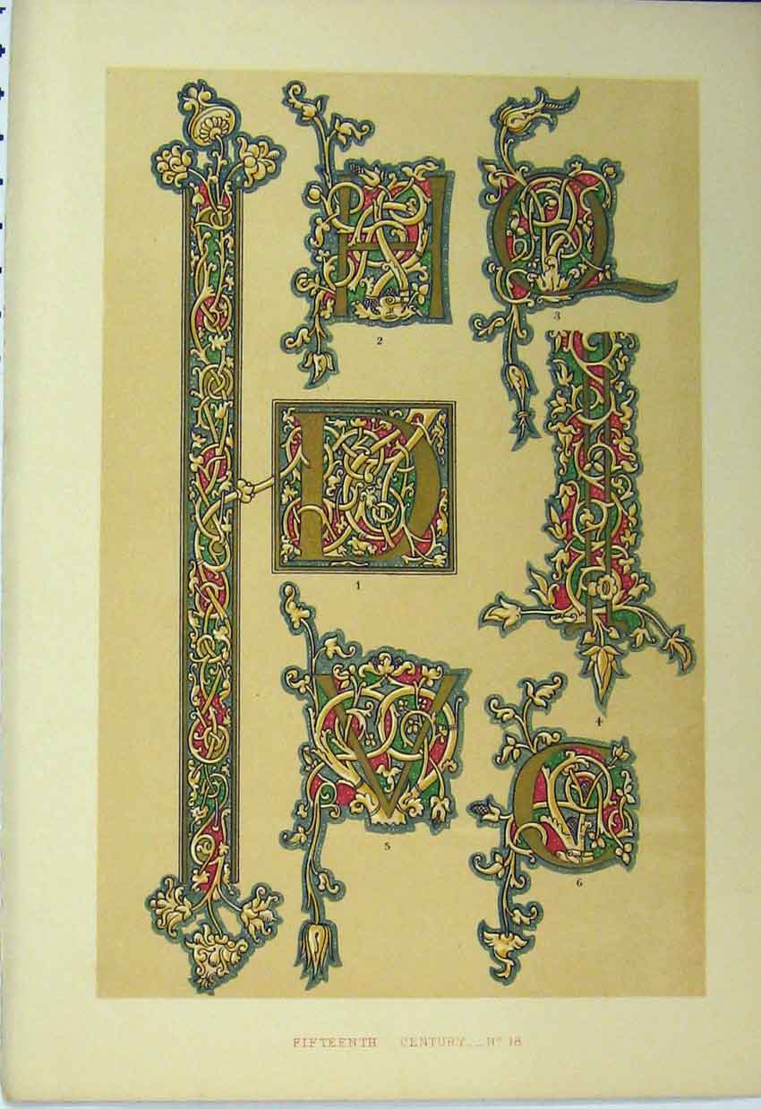 Original Old Antique Print C1882 Fifteenth Century Colour Design Calligraphy