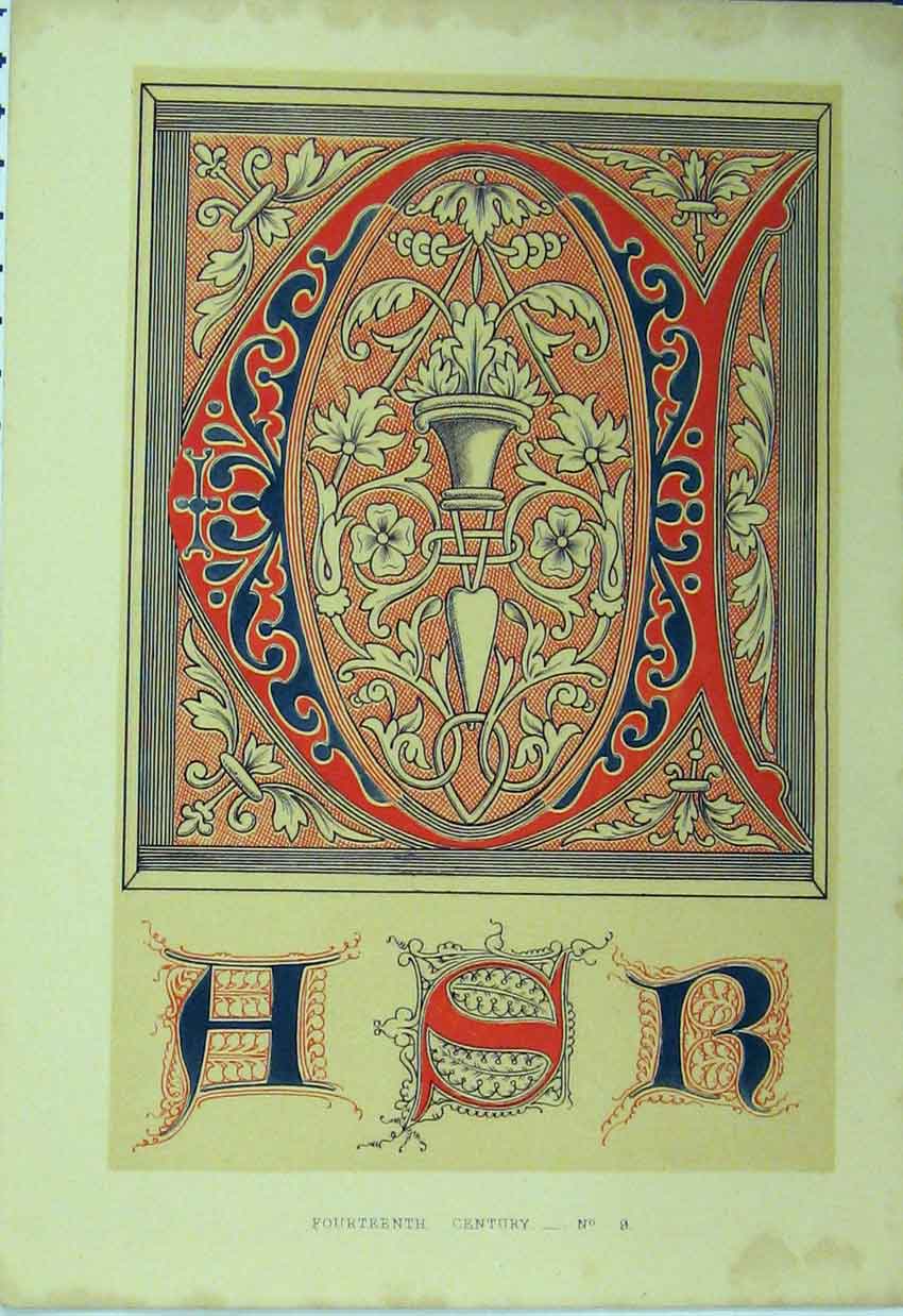 Antique Old Print Ref.281 C1882 Fourteenth Century Calligraphy Design Colour
