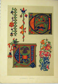 Original Old Antique Print Fourteenth Century Design Colour C1882 Swirls 19th