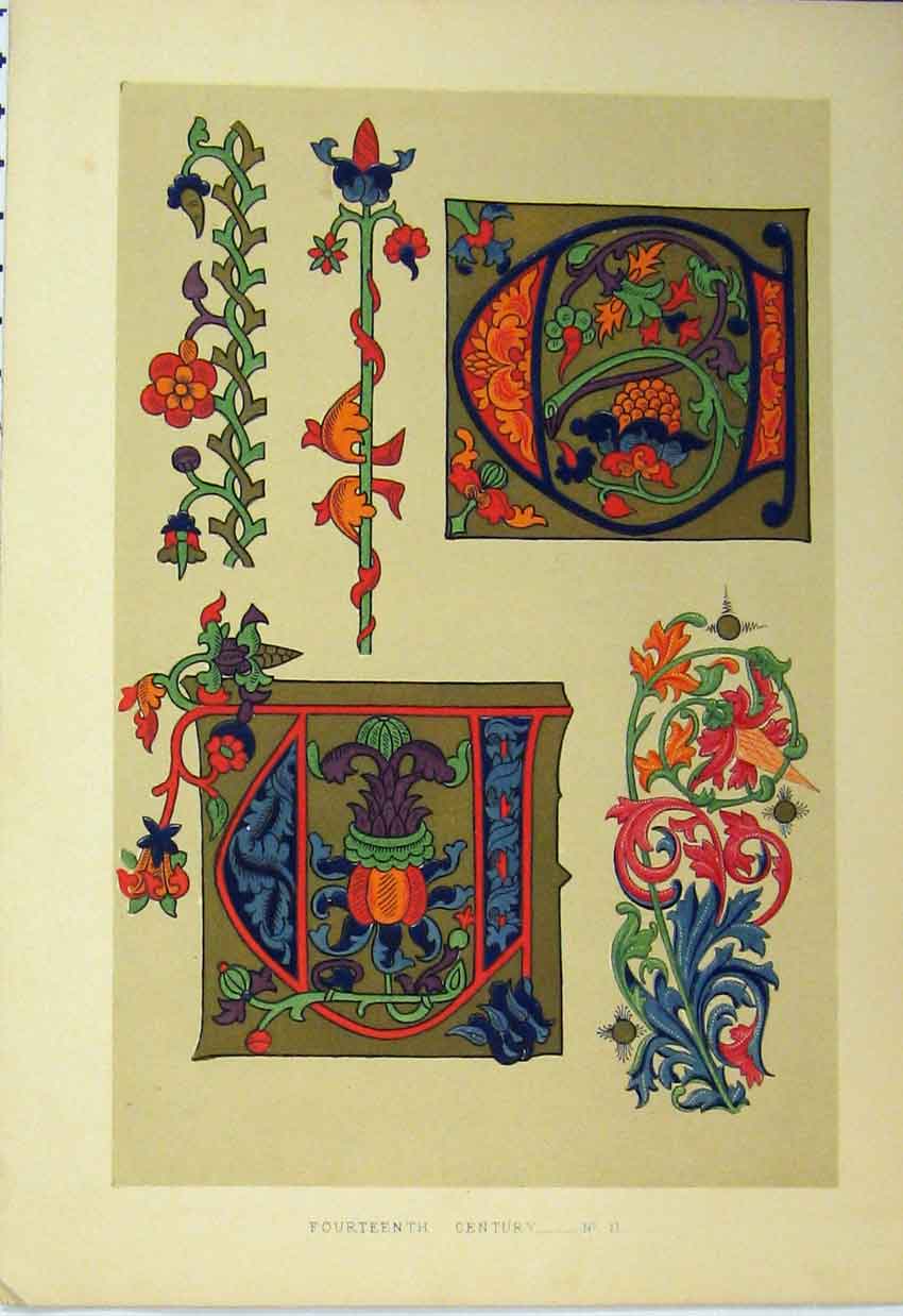Original Old Antique Print Fourteenth Century Design Colour C1882 Swirls 19th