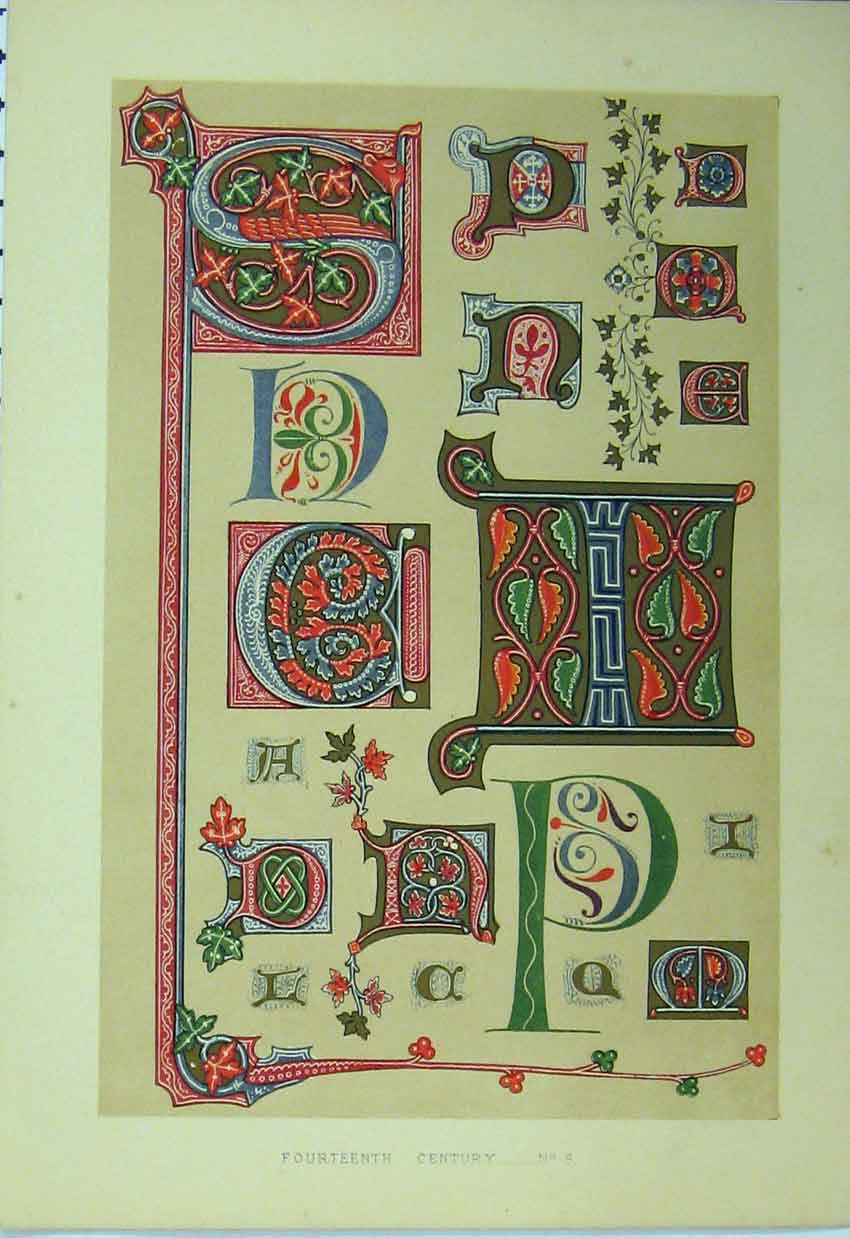 Original Old Antique Print Fourteenth Century C1882 Colour Calligraphy Letters