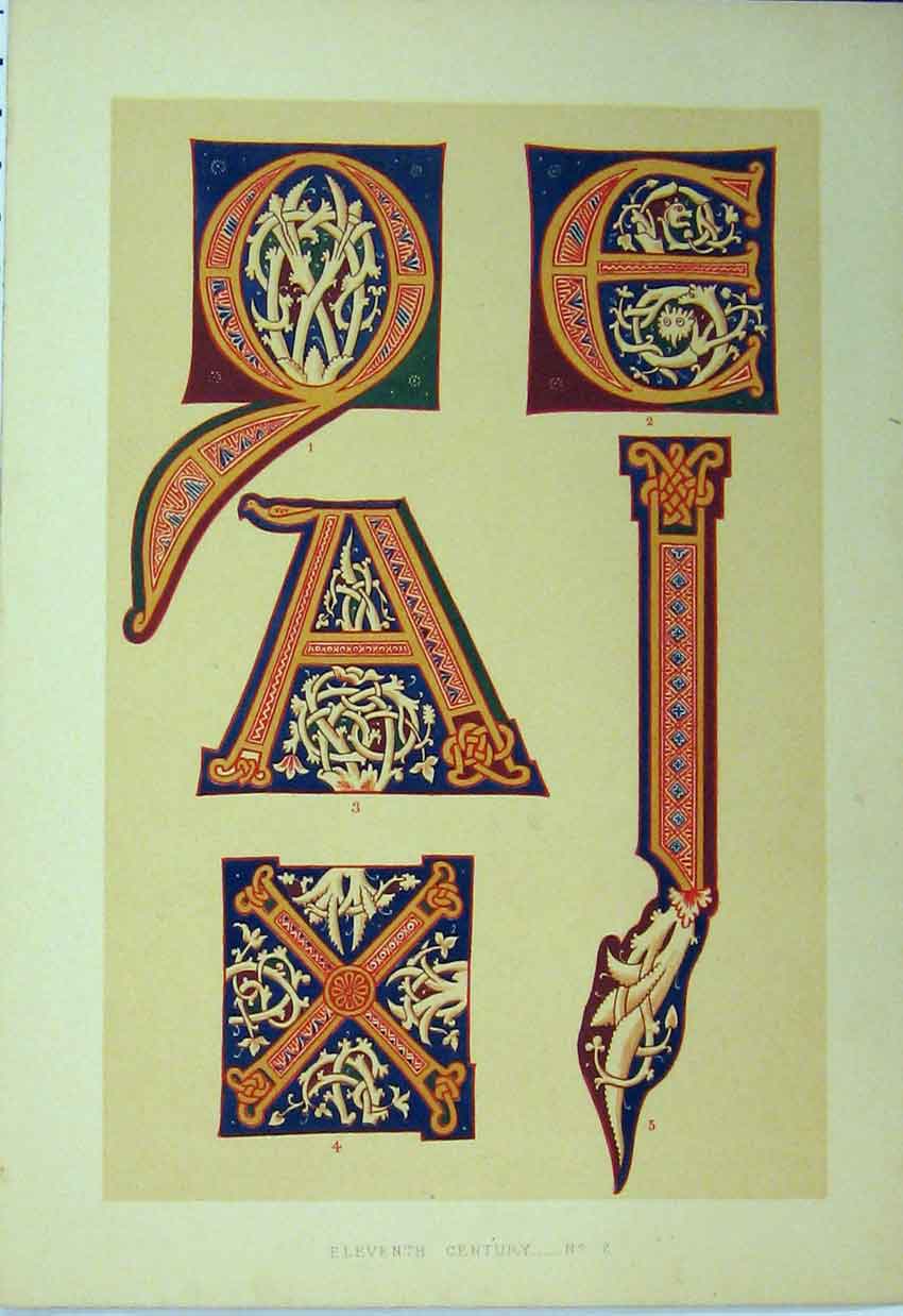 Original Old Antique Print C1882 Calligraphy Design Colour Eleventh Century