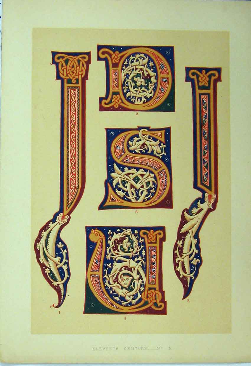 Original Old Antique Print C1882 Eleventh Century Colour Calligraphy Design