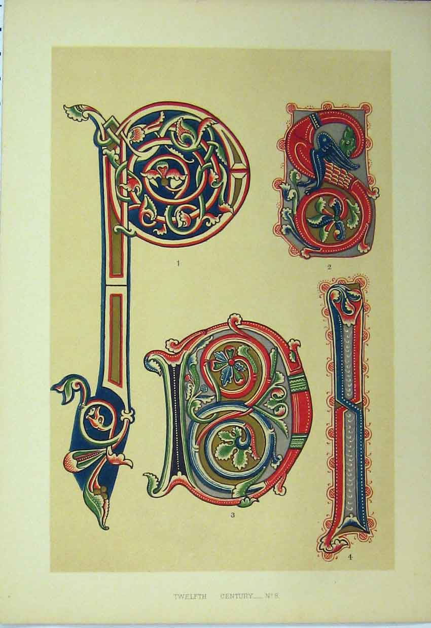 Original Old Antique Print Twelfth Century C1882 Calligraphy Colour Design 19th