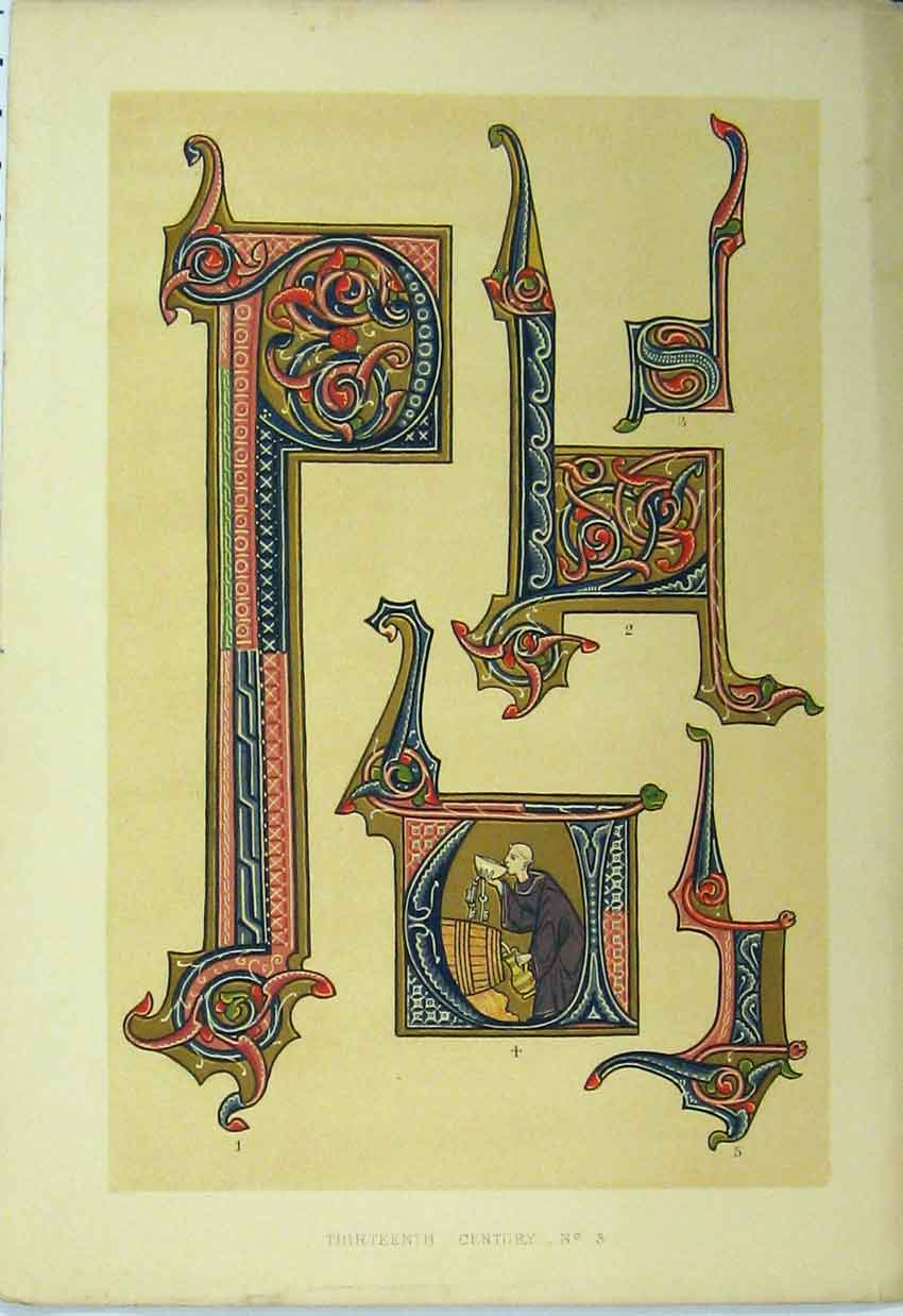 Original Old Antique Print C1882 Thirteenth Century Calligraphy Design Colour