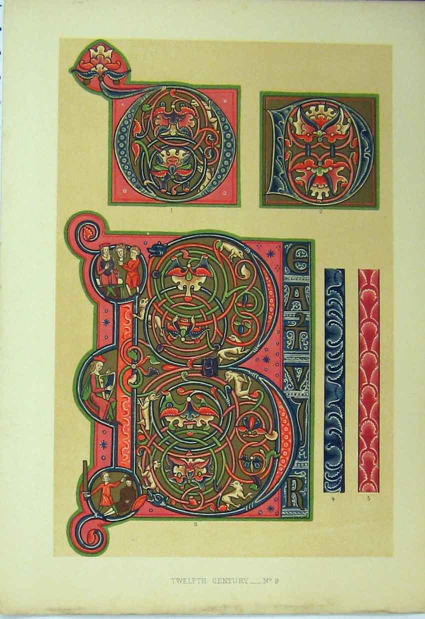 Old Antique Print Ref.282 Twelfth Century C1882 Colour Design Calligraphy