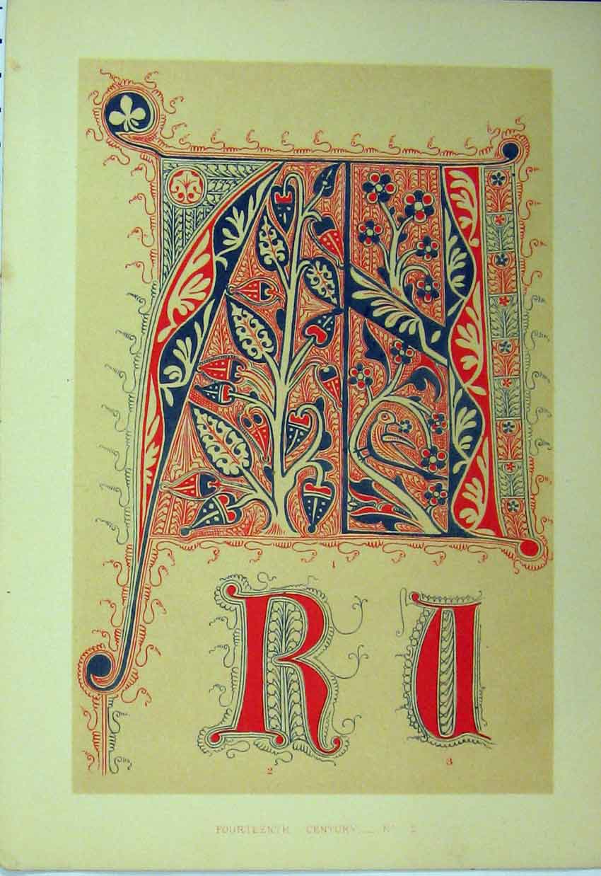 Antique Old Print Ref.283 C1882 Fourteenth Century Calligraphy Design Colour