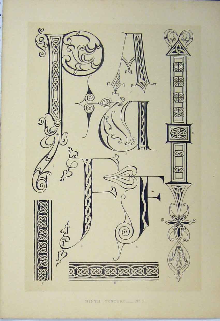 Original Old Antique Print Ninth Century C1882 Calligraphy Design Letters 19th