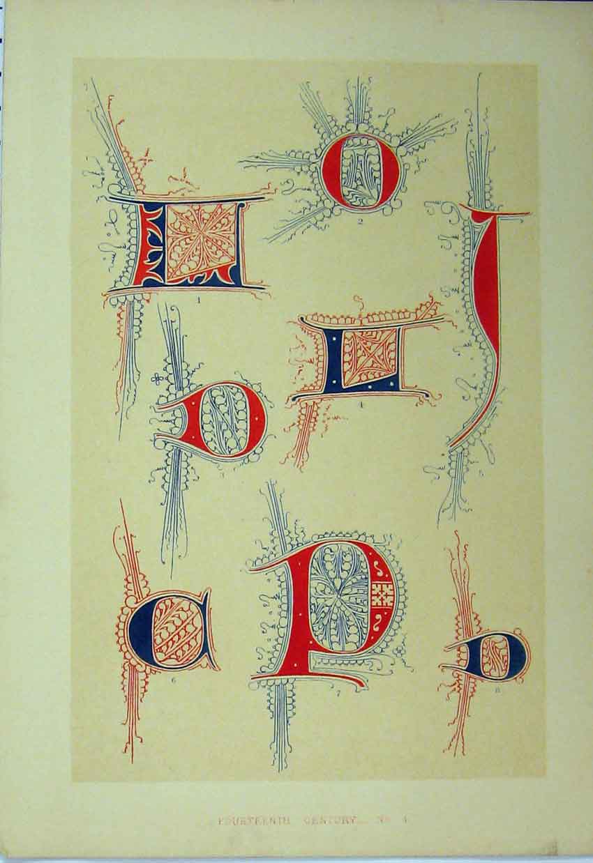 Original Old Antique Print C1882 Colour Calligraphy Letters Fourteenth Century