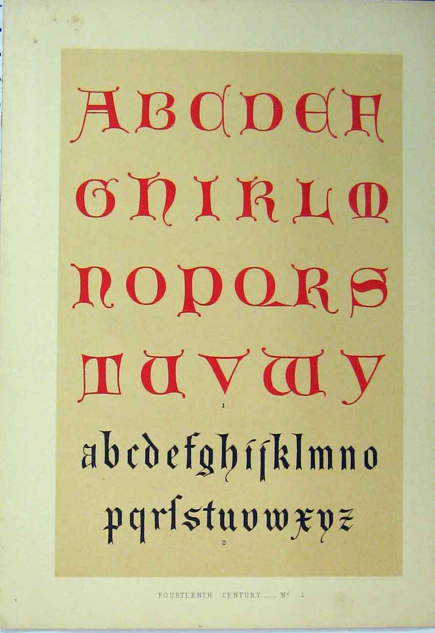 Original Old Antique Print C1882 Calligraphy Letters Fourteenth Century Colour