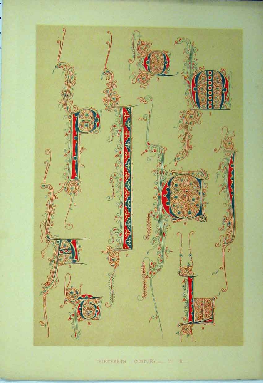 Original Old Antique Print Thirteenth Century Colour C1882 Calligraphy 19th
