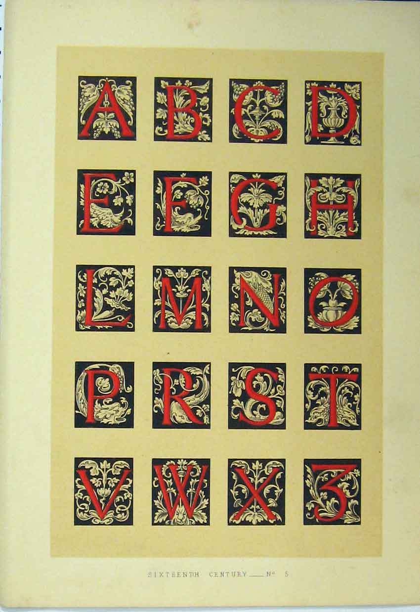 Original Old Antique Print C1882 Colour Sixteenth Century Calligraphy Letter