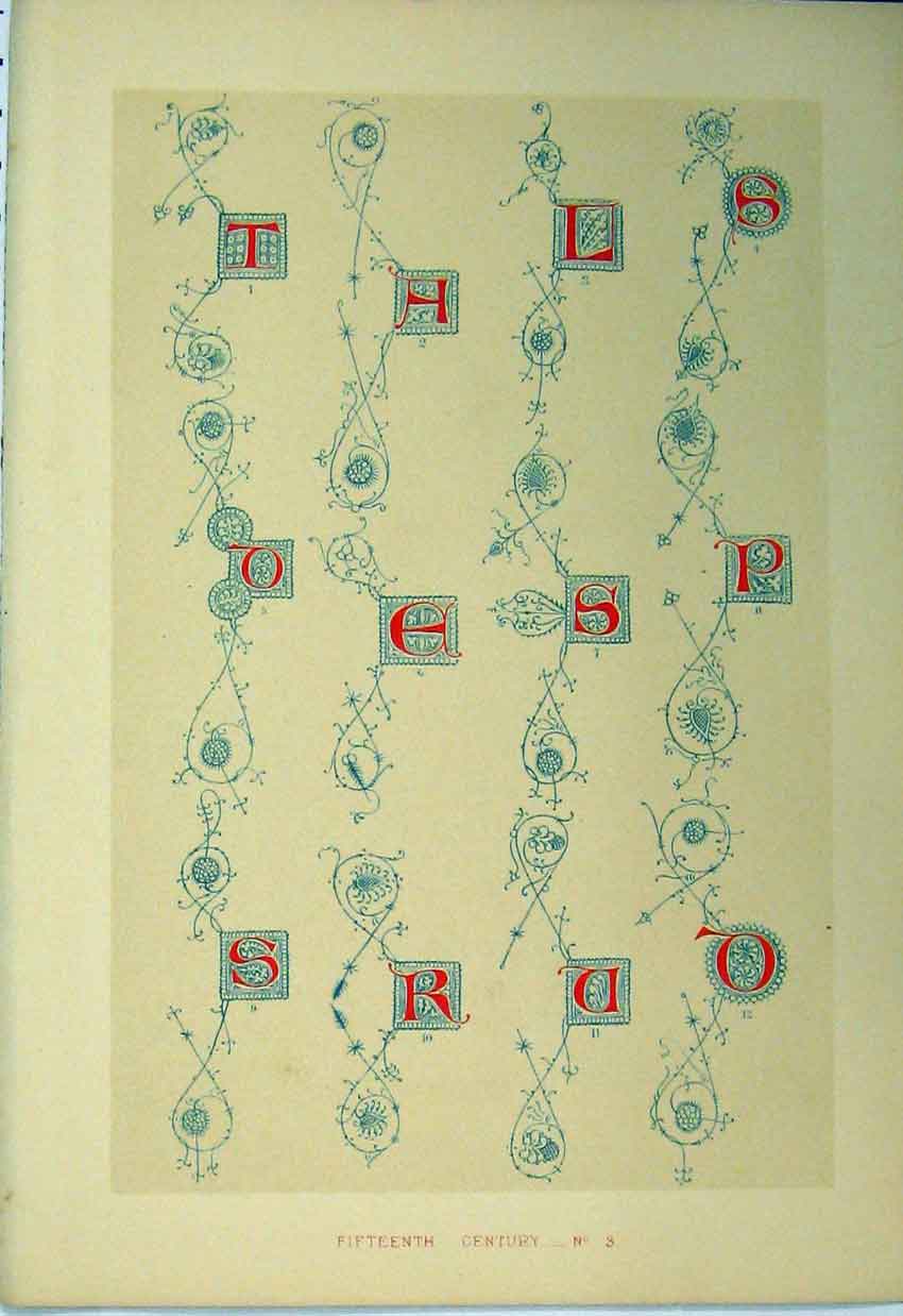 Original Old Antique Print C1882 Calligraphy Letter Fifteenth Century Colour
