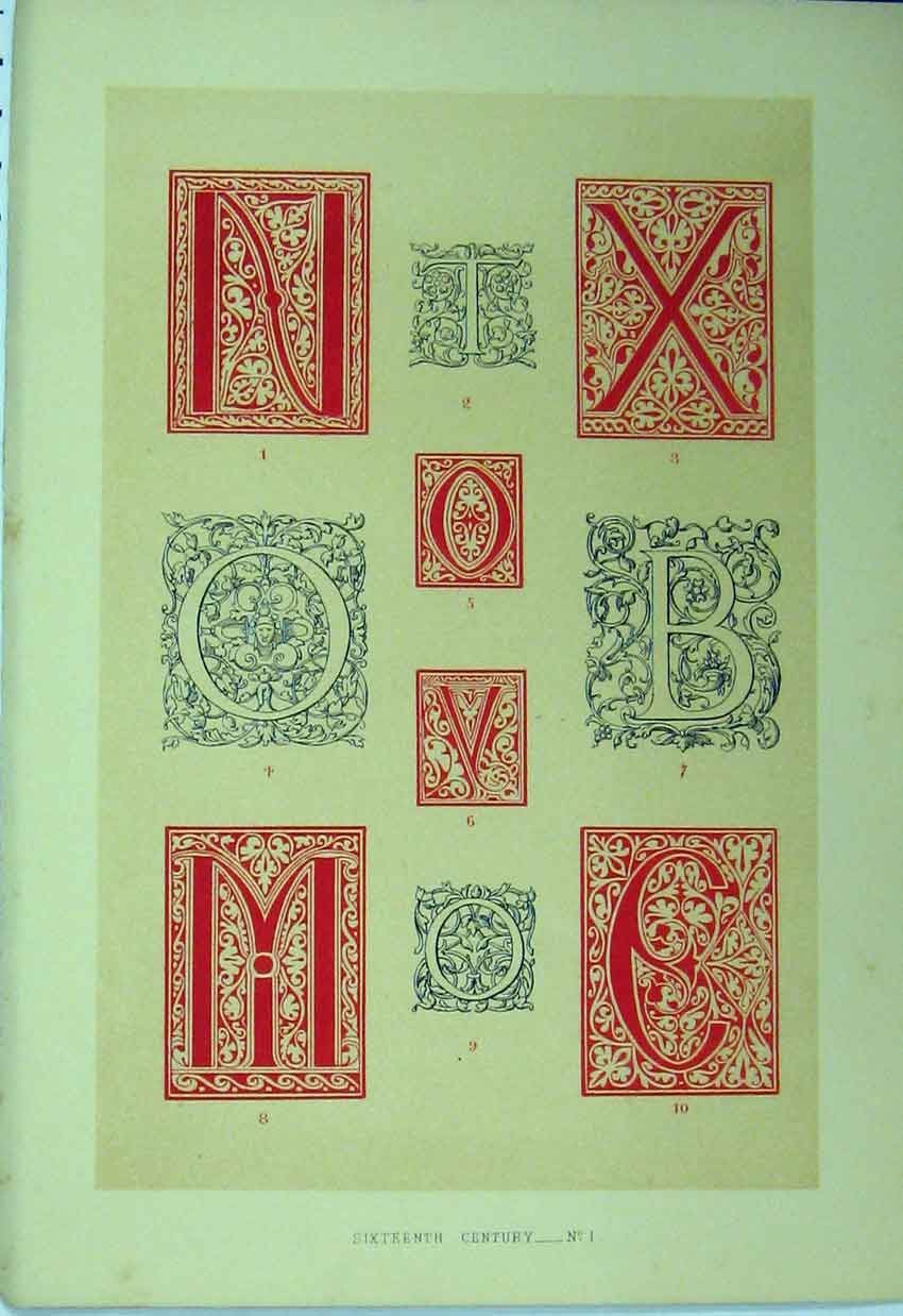 Original Old Antique Print C1882 Sixteenth Century Calligraphy Letters Colour