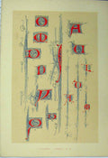Original Old Antique Print Fourteenth Century C1882 Calligraphy Letters Colour