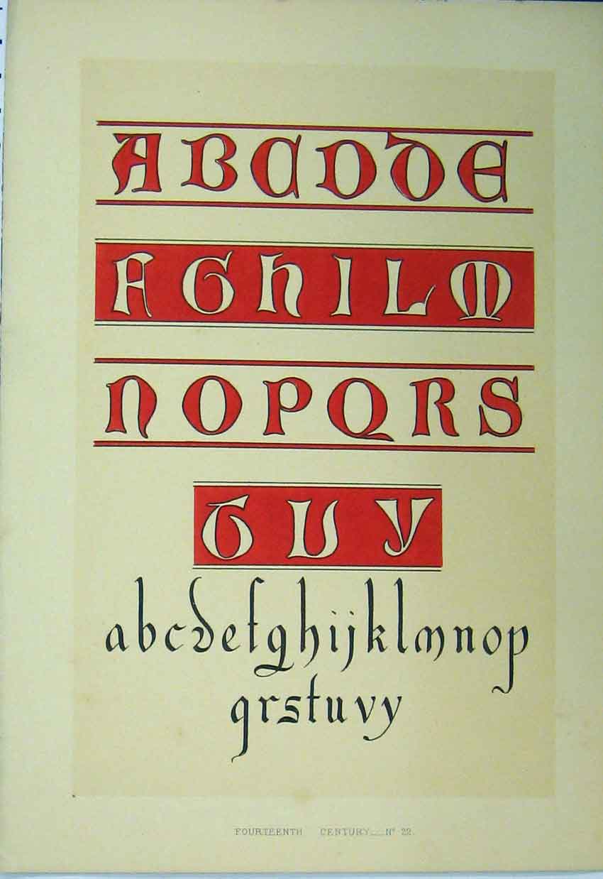 Original Old Antique Print C1882 Fourteenth Century Calligraphy Letters Colour