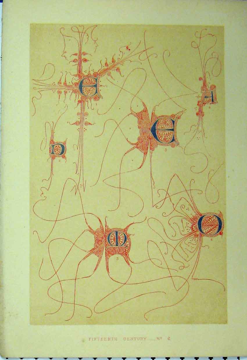 Original Old Antique Print Calligraphy C1882 Fifteenth Century Design Colour