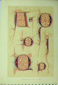 Original Old Antique Print Fourteenth Century Colour C1882 Calligraphy Blue