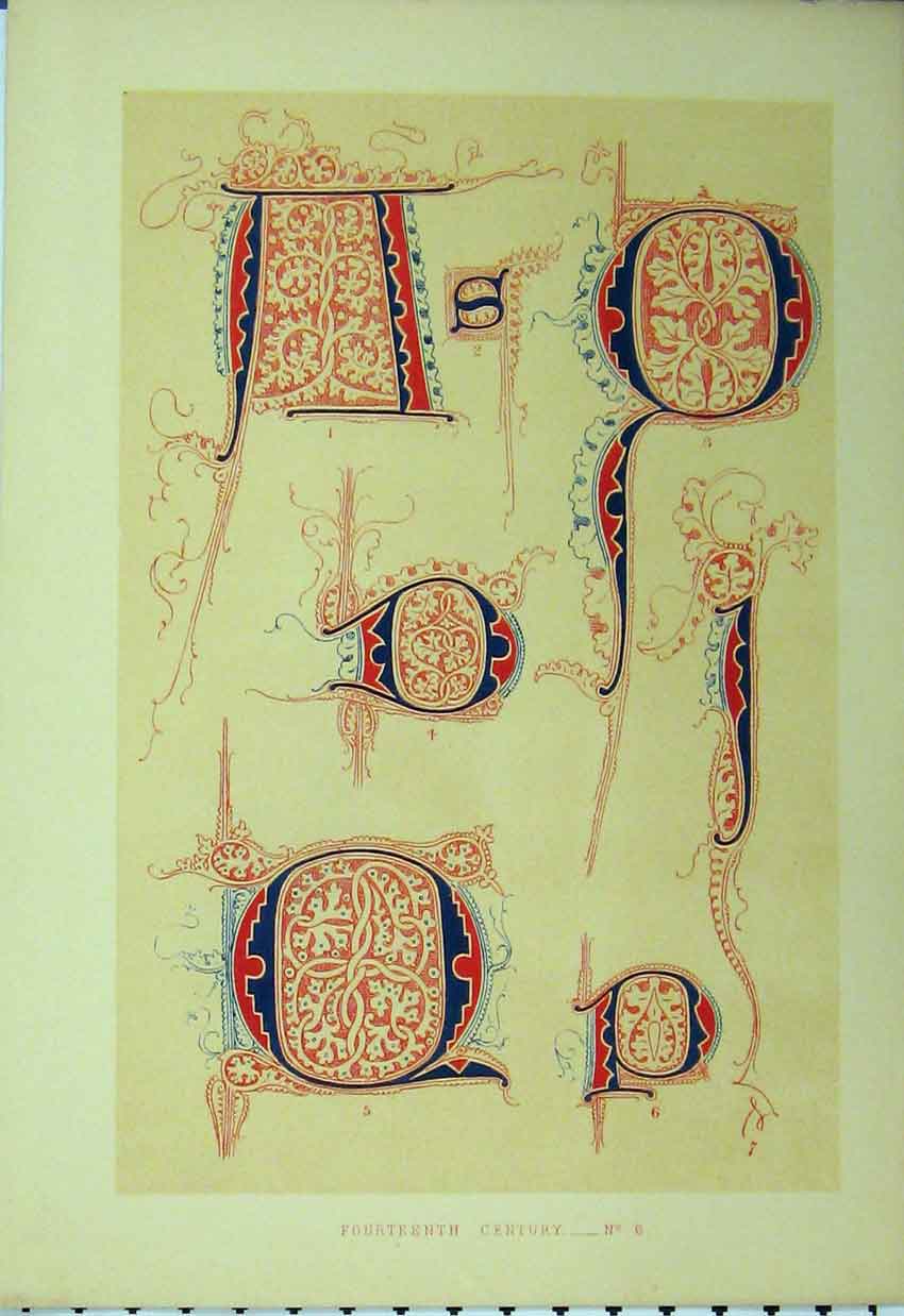 Original Old Antique Print Fourteenth Century Colour C1882 Calligraphy Blue