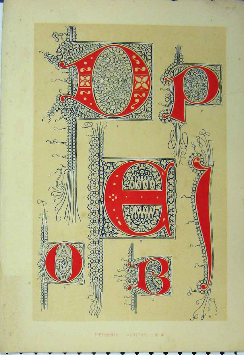 Antique Old Print Ref.285 C1882 Fifteenth Century Calligraphy Design Colour