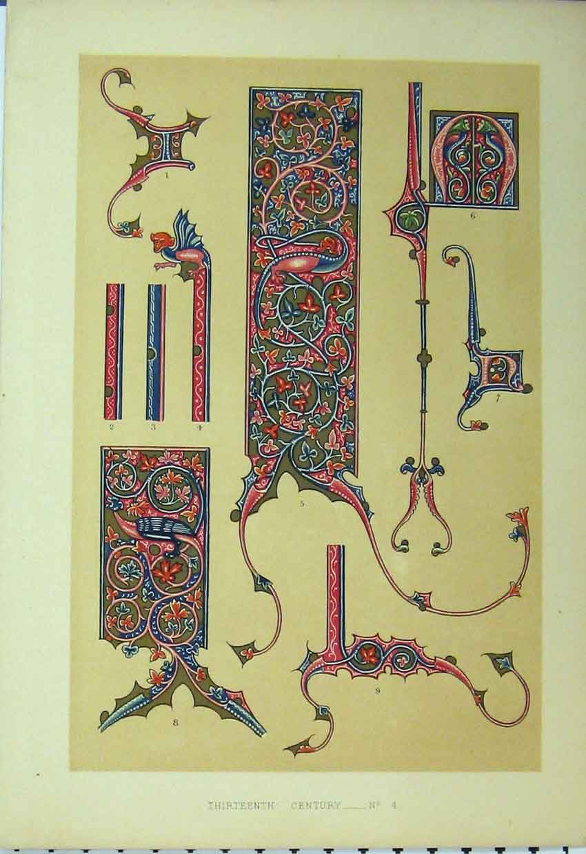 Original Old Antique Print C1882 Thirteenth Century Design Colour Red Blue 19th