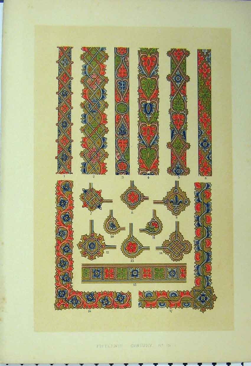 Original Old Antique Print Colour C1882 Fifteenth Century Design Flowers 19th