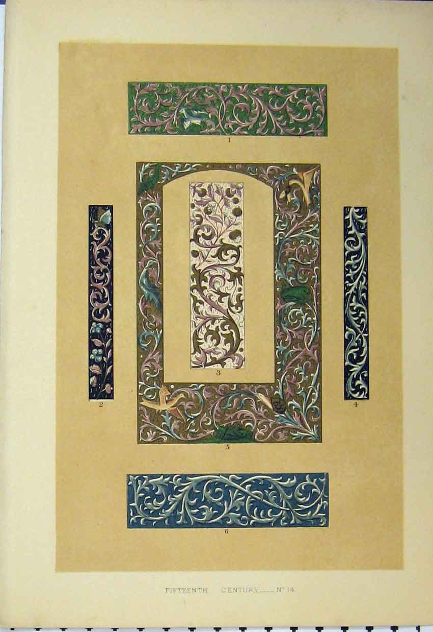 Original Old Antique Print Fifteenth Century C1882 Colour Design Swirl Birds