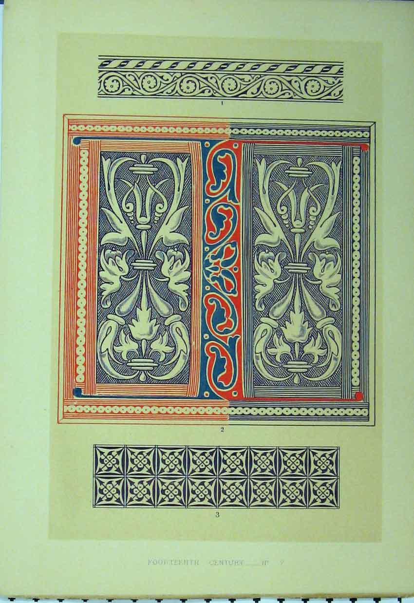 Original Old Antique Print Fourteenth Century Colour Pattern C1882 Purple 19th
