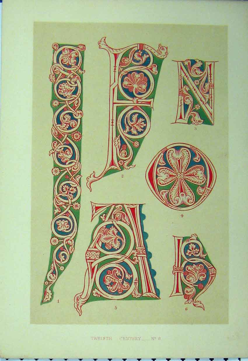 Original Old Antique Print Twelfth Century Colour Design C1882 Pattern 19th