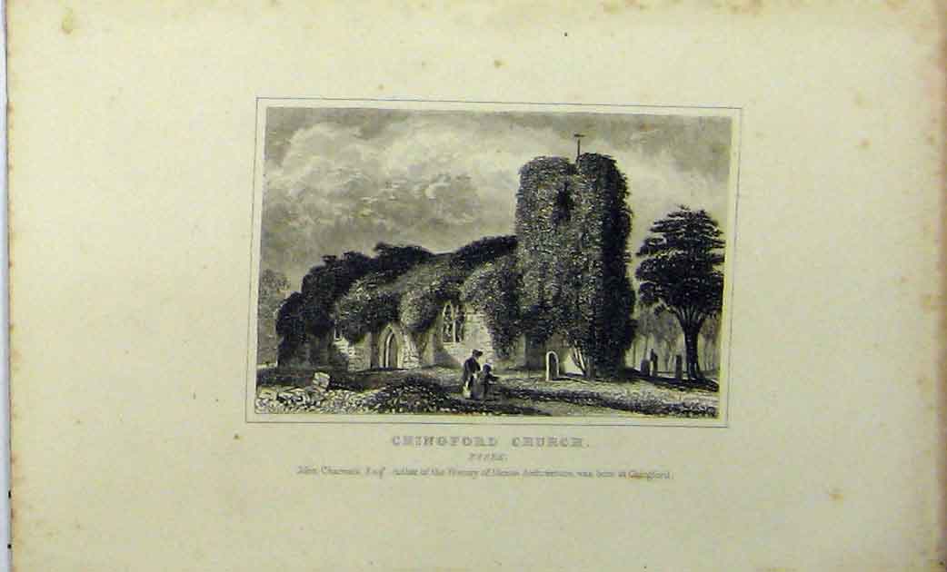Original Old Antique Print C1848 View Chingford Church Essex Dugdales Victorian