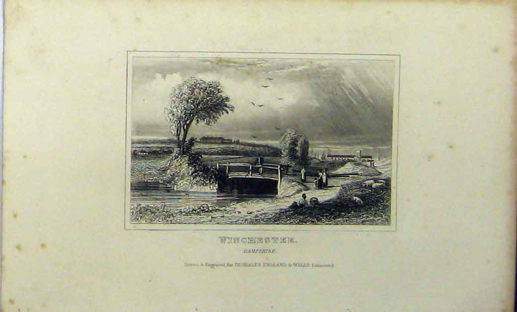 Old Antique Print C1848 View Winchester Hampshire Bridge River Dugdales 19th