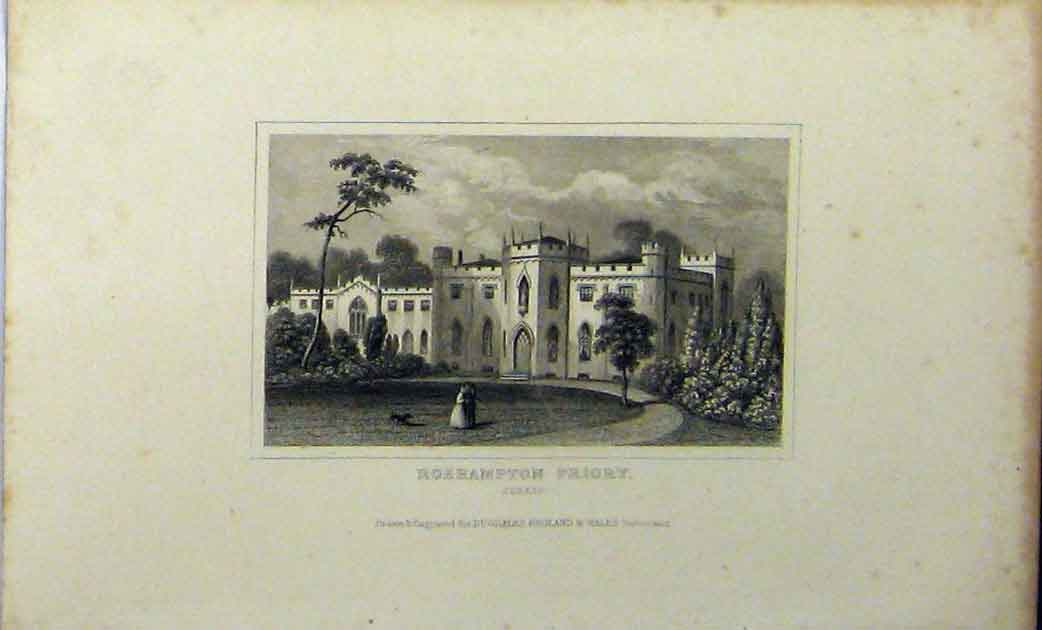 Original Old Antique Print C1848 View Roehampton Priory Surrey Dugdales 19th