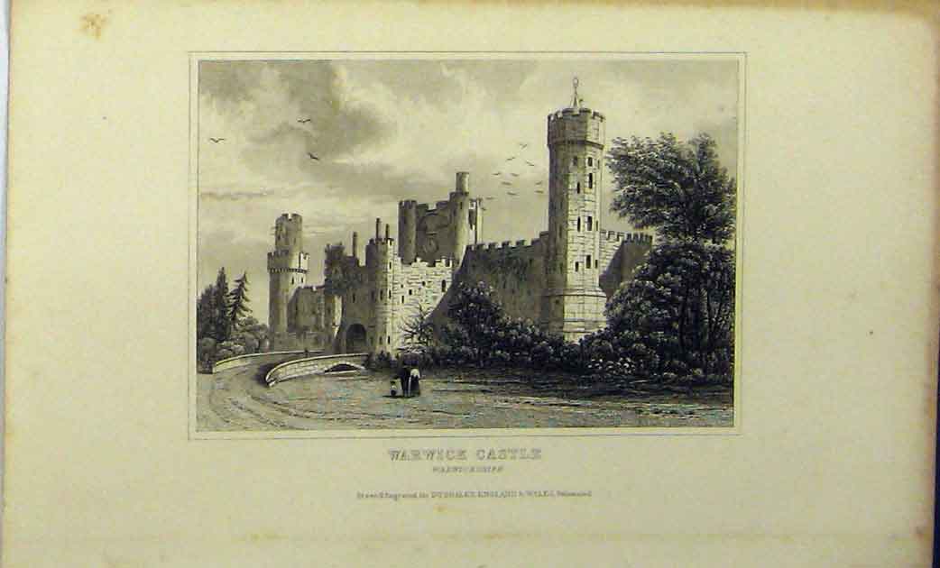 Original Old Antique Print View Warwick Castle C1848 Warwickshire Dugdales 19th