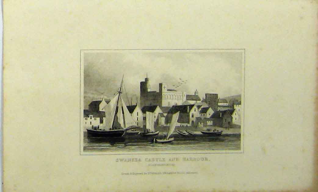 Original Old Antique Print C1848 Swansea Castle Harbour Glamorganshire Dugdales