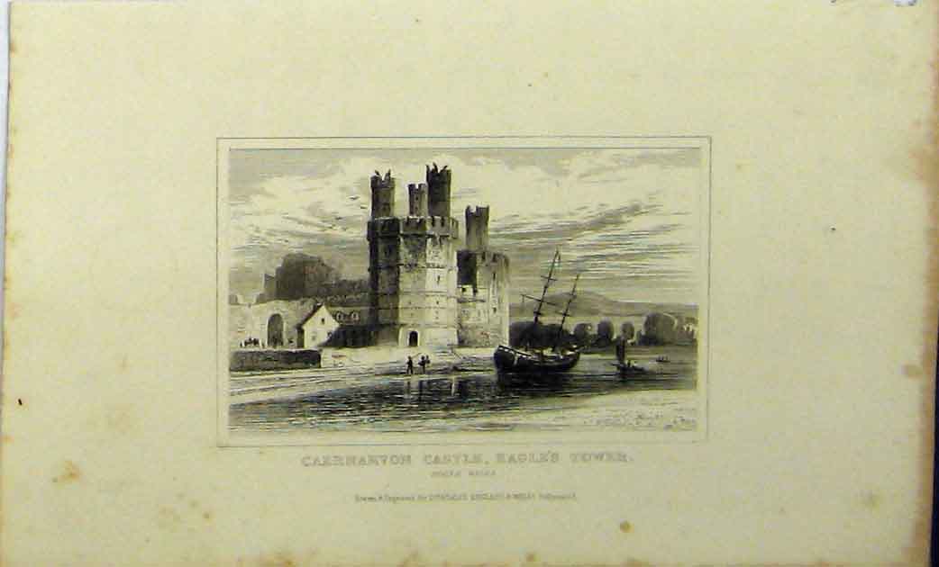 Original Old Antique Print C1848 Caernarvon Castle Eagles Tower North Wales