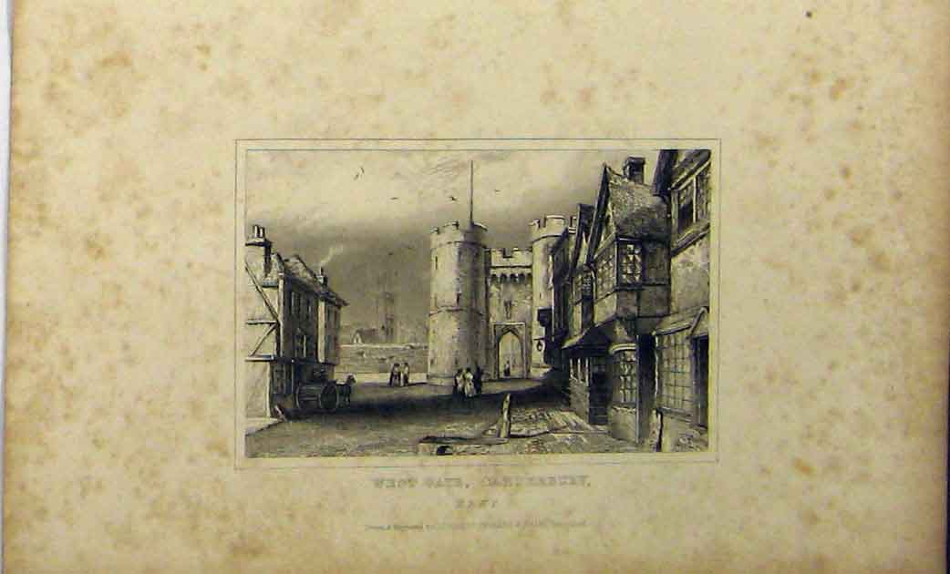 Original Old Antique Print View West Gate Canterbury Kent C1848 Dugdales 19th