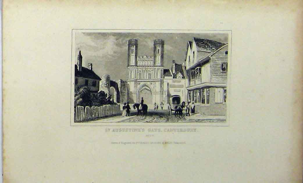 Original Old Antique Print St Augustines Gate Canterbury Kent C1848 Dugdales