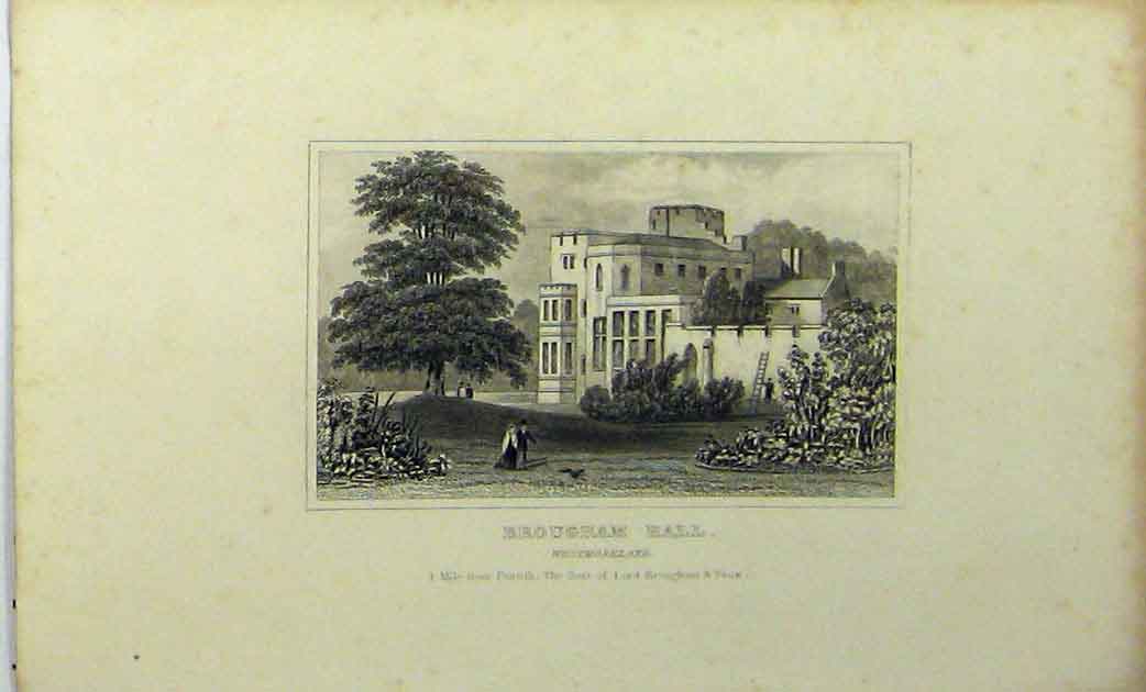 Original Old Antique Print C1848 View Brougham Hall Westmoreland Lord Vaux 19th