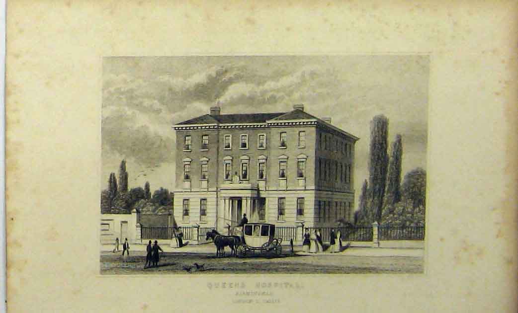 Original Old Antique Print C1848 Building Queens Hospital Birmingham Dugdales