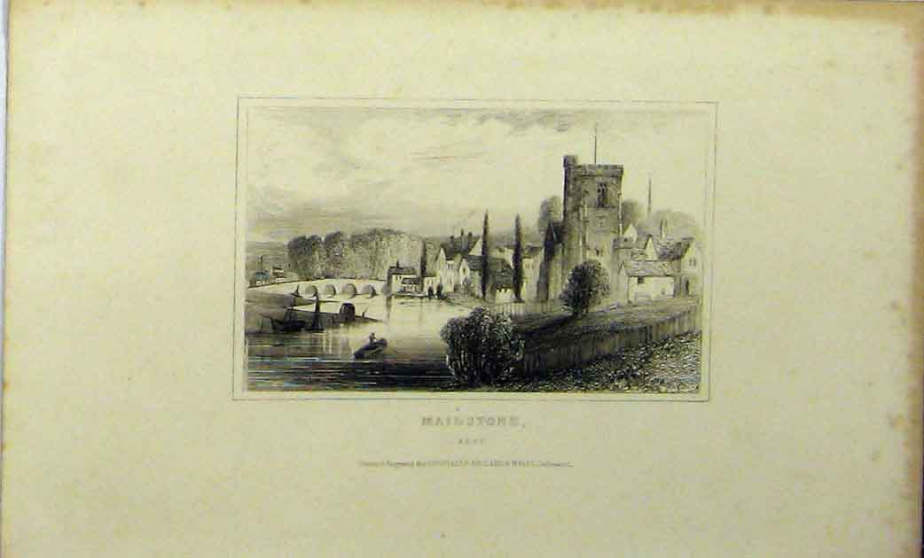 Original Old Antique Print C1848 View Maidstone Kent Dugdales River Bridge 19th