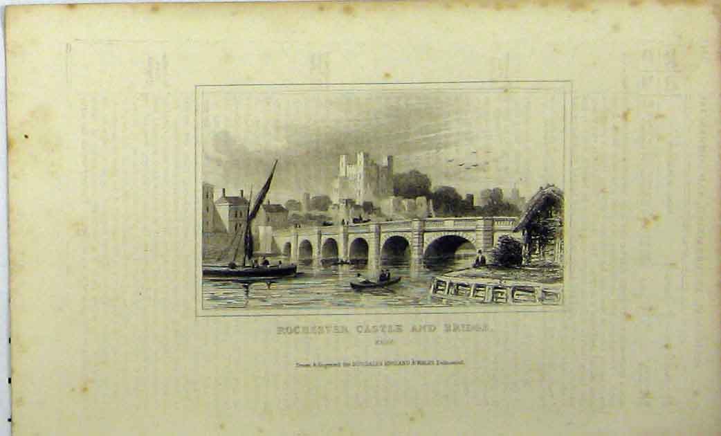 Original Old Antique Print C1848 View Rochester Castle Bridge Kent Dugdales