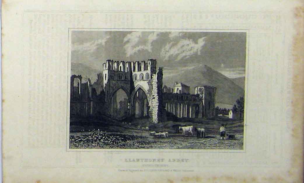 Original Old Antique Print C1848 Llanthoney Abbey Monmouthshire Dugdales 19th