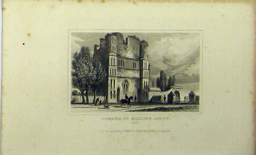Original Old Antique Print Ruins Malling Abbey Kent C1848 Building Dugdales