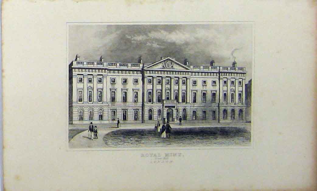 Original Old Antique Print C1848 Building Royal Mint Tower Hill London Dugdales
