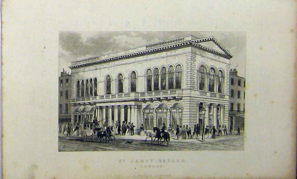 Original Old Antique Print St James Bazaar London C1848 Building Dugdales 19th