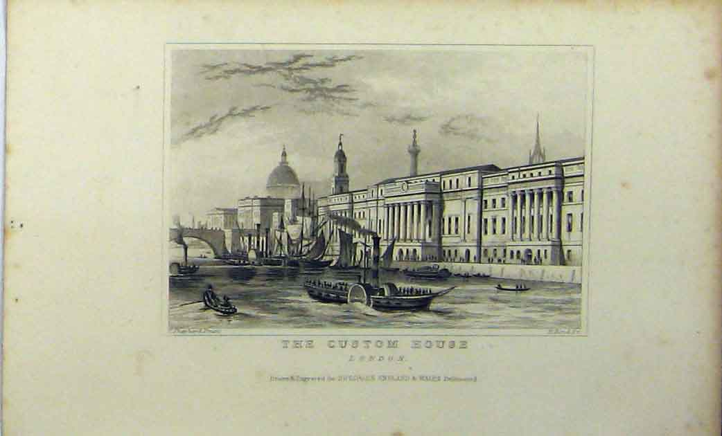 Original Old Antique Print C1848 Custom House London Building Dugdales 19th